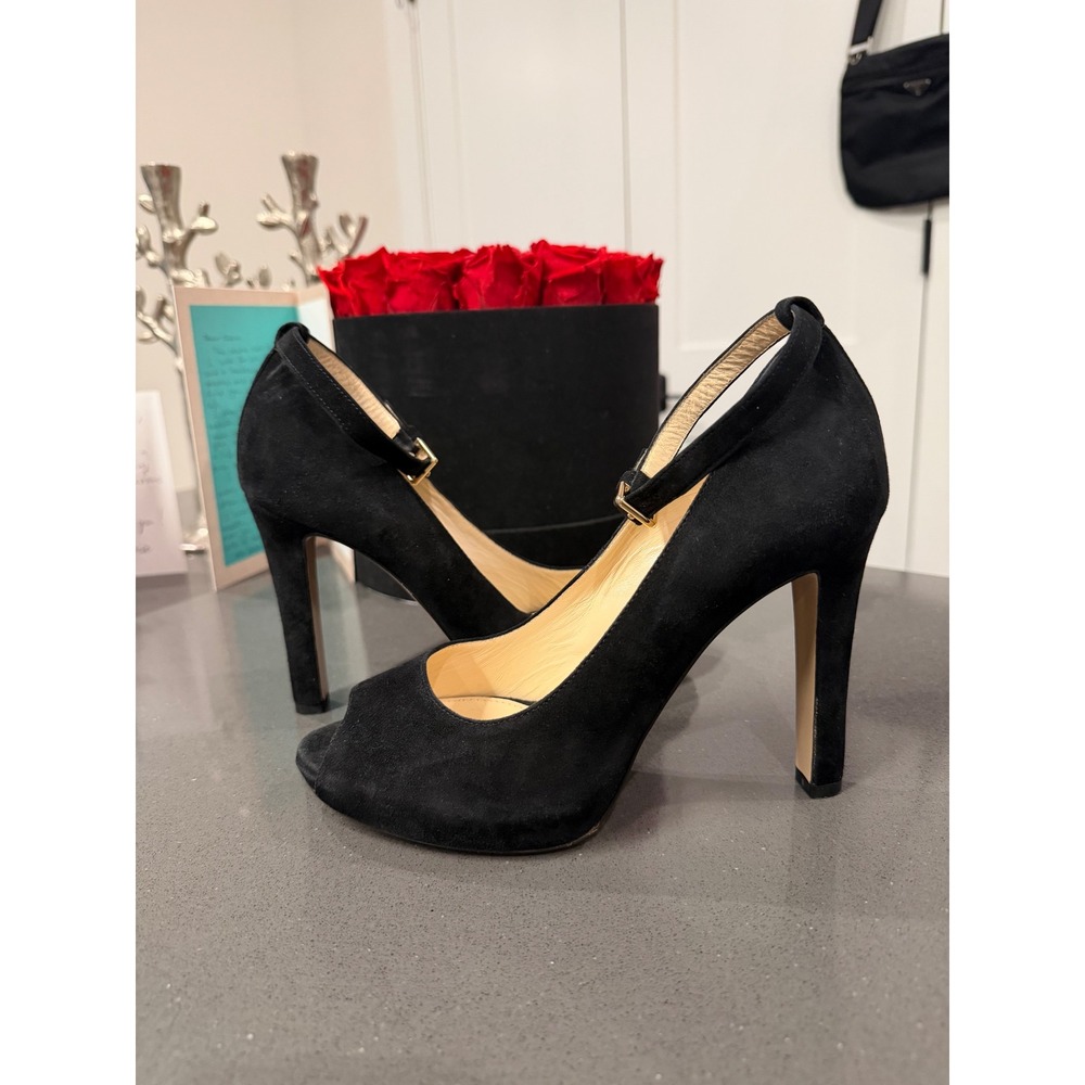 Max Mara Suede Ankle Strap Peep Toe Pumps Sz 36.5 US 6 Black EUC Italian Luxury
